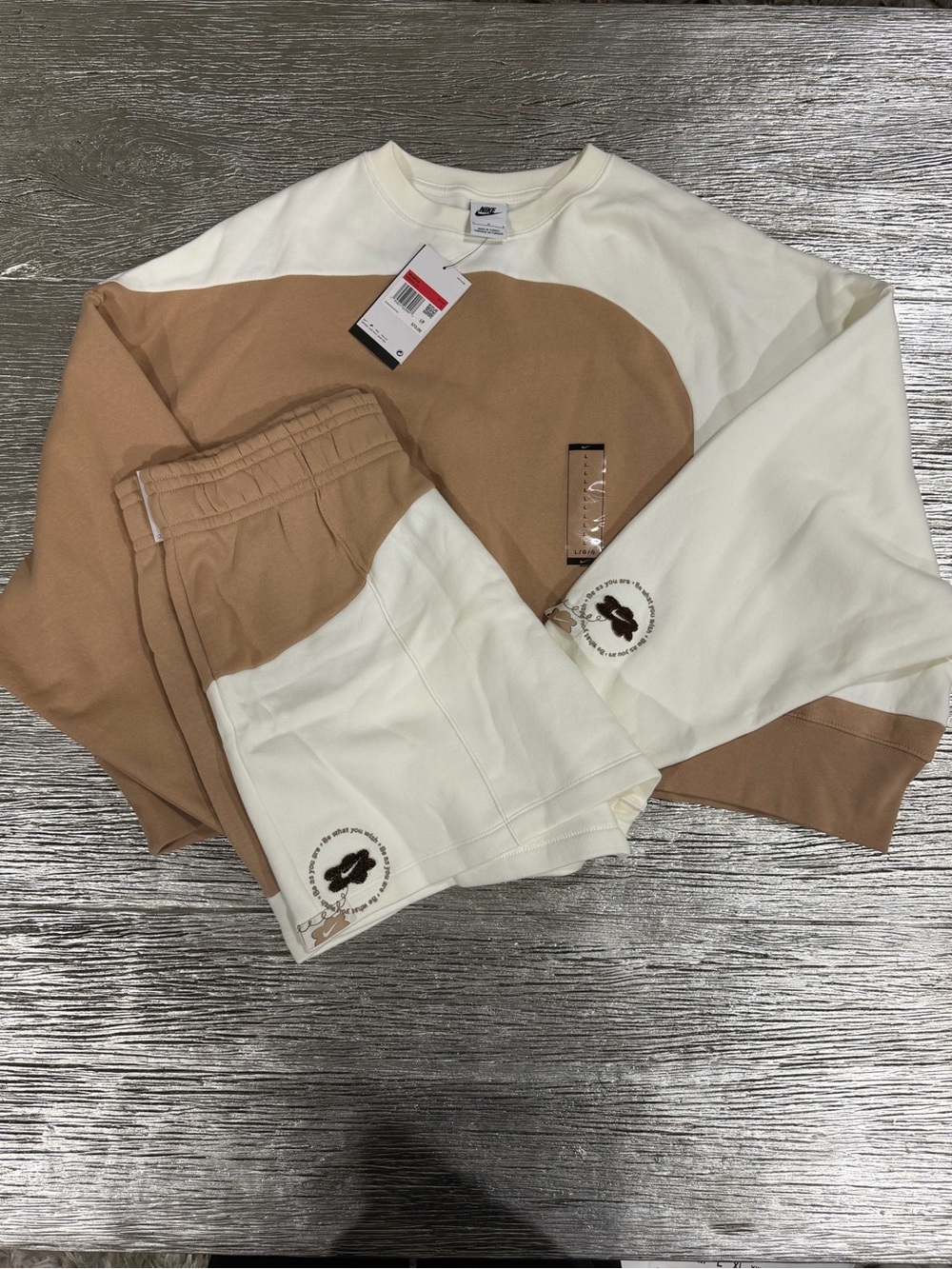 Nike Women’s Cream and Tan Colorblock Sweater (size L) and Short (size XL) Set